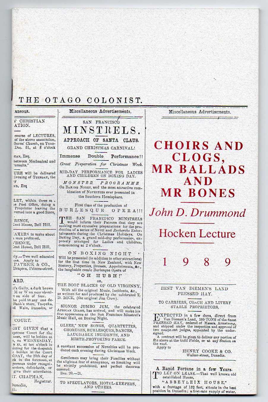 Choirs and Clogs, Mr Ballads and Mr Bones - Musical and Other Entertainments in Dunedin 1860-1862 - Hocken Lecture 1989;