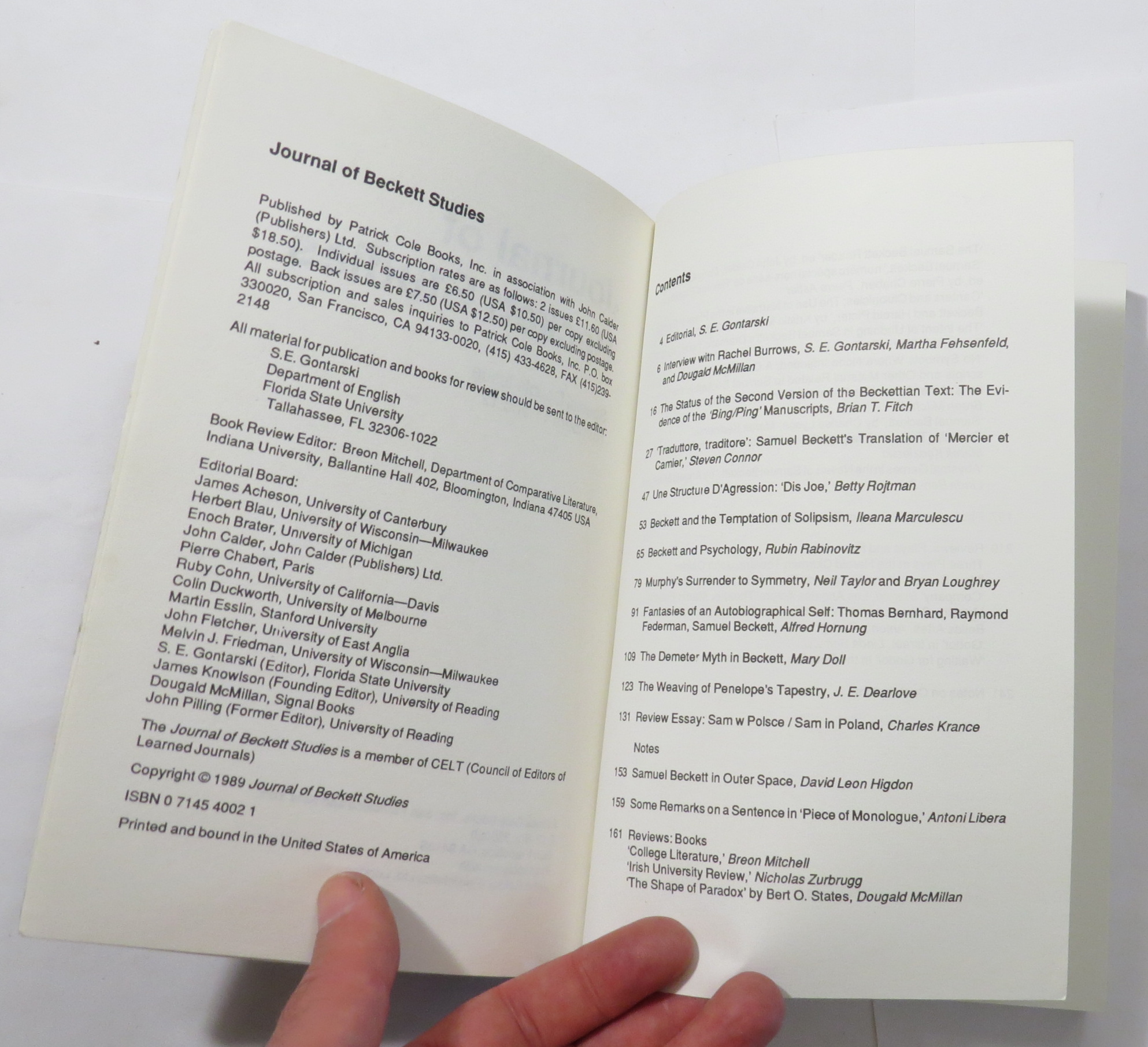 Journal of Beckett Studies : Special Double Issues Numbers 11 and 12