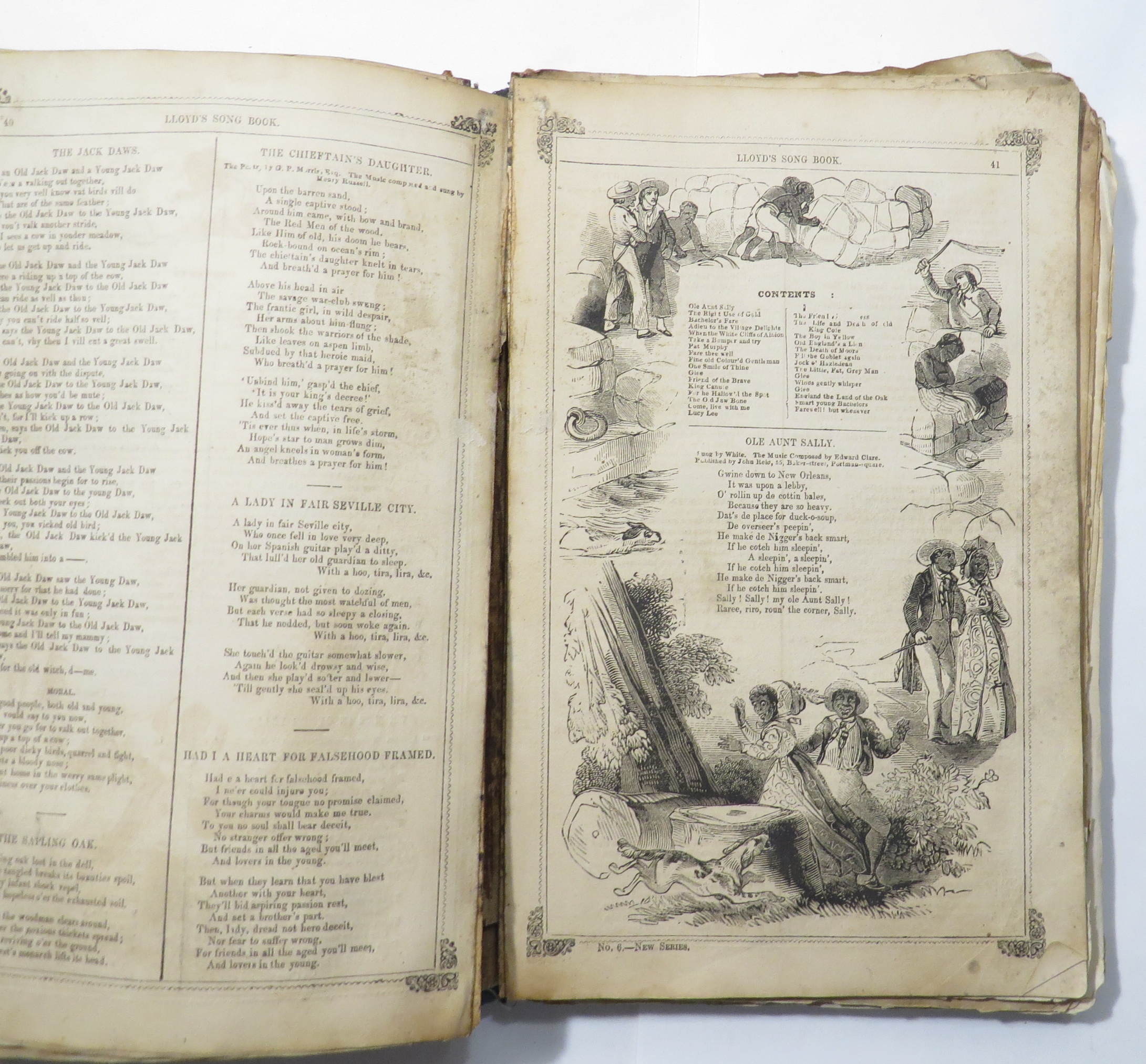 [disbound incomplete volume, a group of leaves including various blackface minstrel song lyrics with illustrations, all published London: E. Lloyd, 1847]